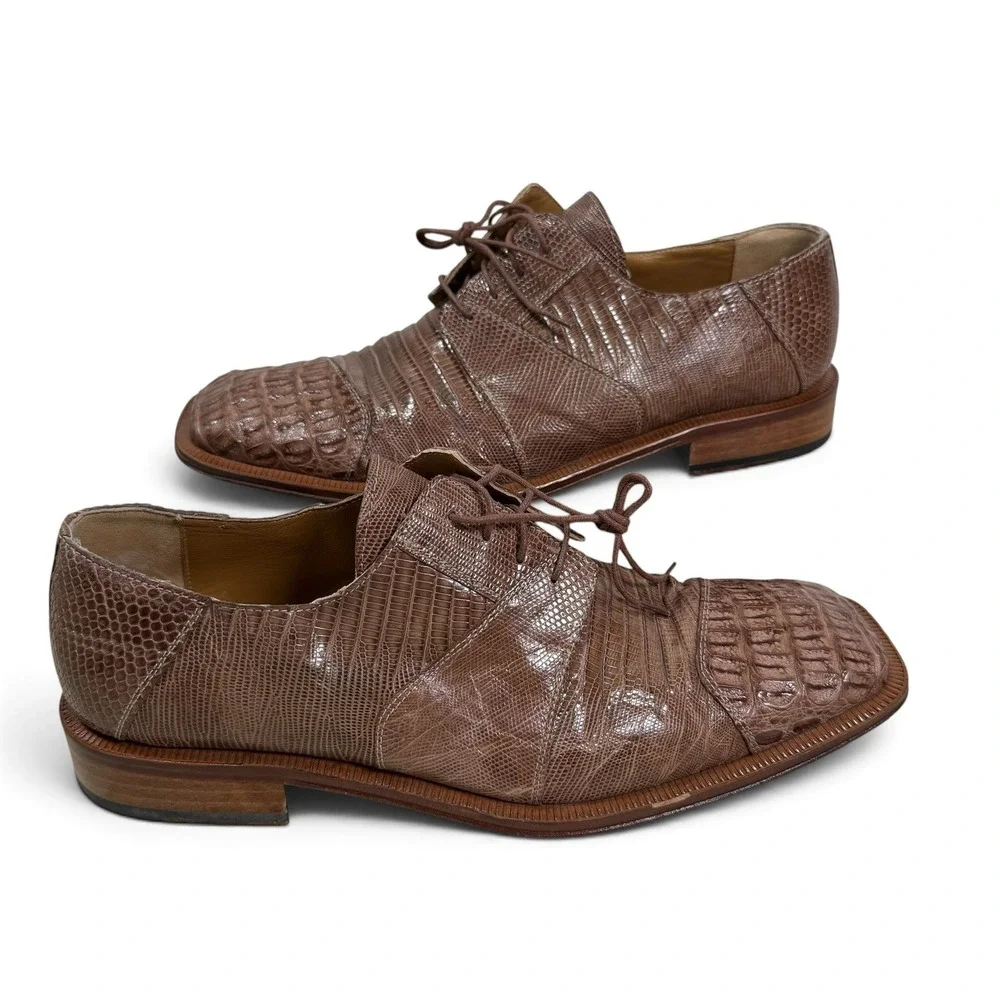 David Eden Oxford Shoes Mens 9.5 Brown Hornback Caiman Lizard Exotic Square Toe